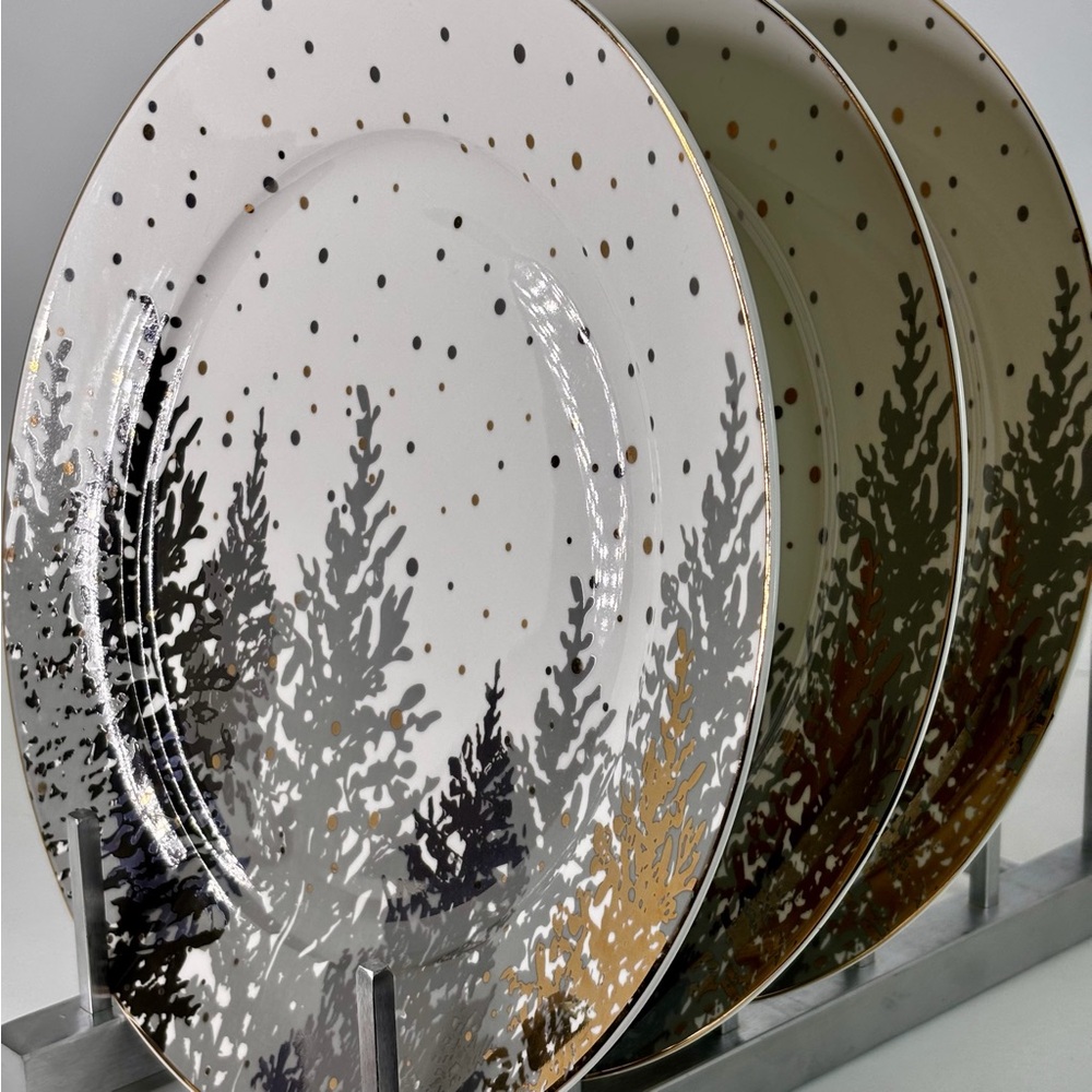 3 Dinner Plates Winter Trees Grace Teaware Silver Pine Forest Christmas 11” New